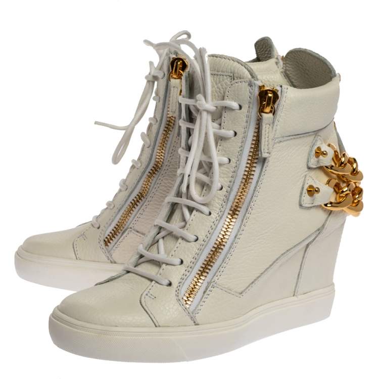 Pre Owned Giuseppe Zanotti White Leather Chain Detail High Top Wedge Sneakers Size 40