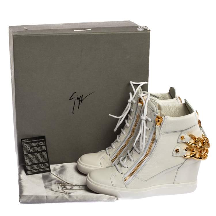 Pre Owned Giuseppe Zanotti White Leather Chain Detail High Top Wedge Sneakers Size 40