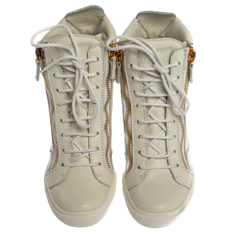 Pre Owned Giuseppe Zanotti White Leather Chain Detail High Top Wedge Sneakers Size 40