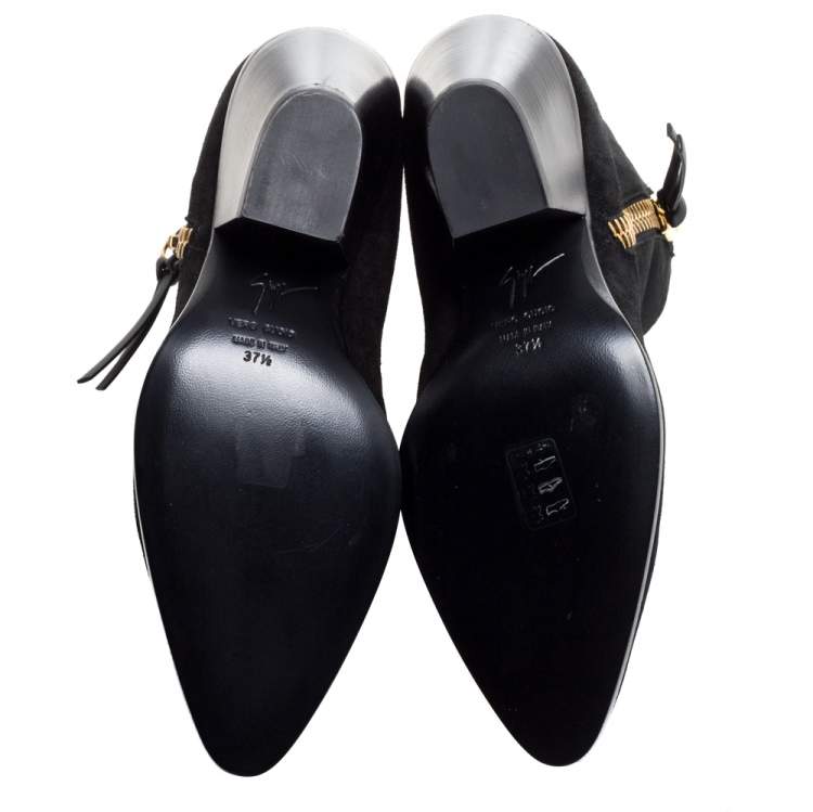 Pre Owned Giuseppe Zanotti Black Suede Gold Zipper Ankle Boots Size 37.5