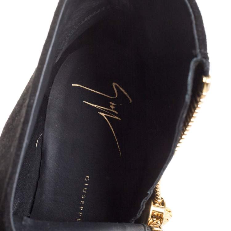 Pre Owned Giuseppe Zanotti Black Suede Gold Zipper Ankle Boots Size 37.5