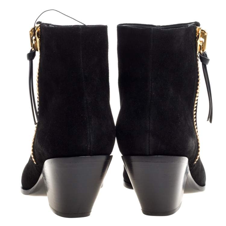 Pre Owned Giuseppe Zanotti Black Suede Gold Zipper Ankle Boots Size 37.5