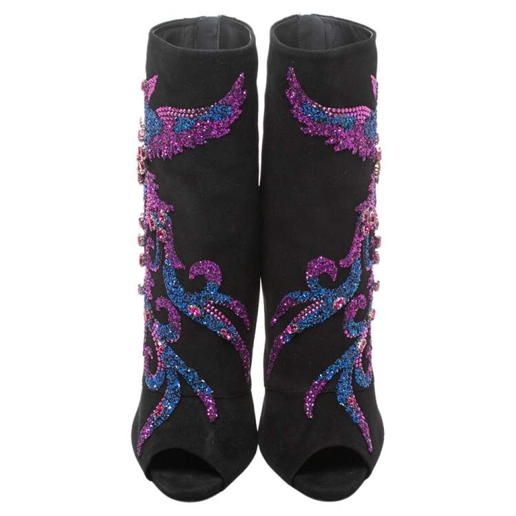 Pre Owned Giuseppe Zanotti Black Suede Phoenix Embroidered Mid Length Boots Size 40