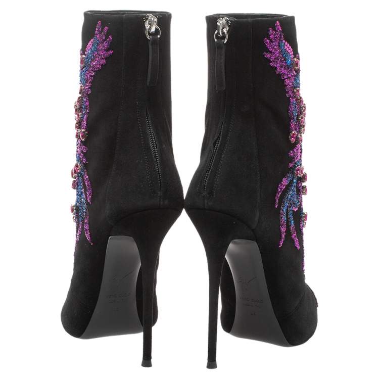 Pre Owned Giuseppe Zanotti Black Suede Phoenix Embroidered Mid Length Boots Size 40