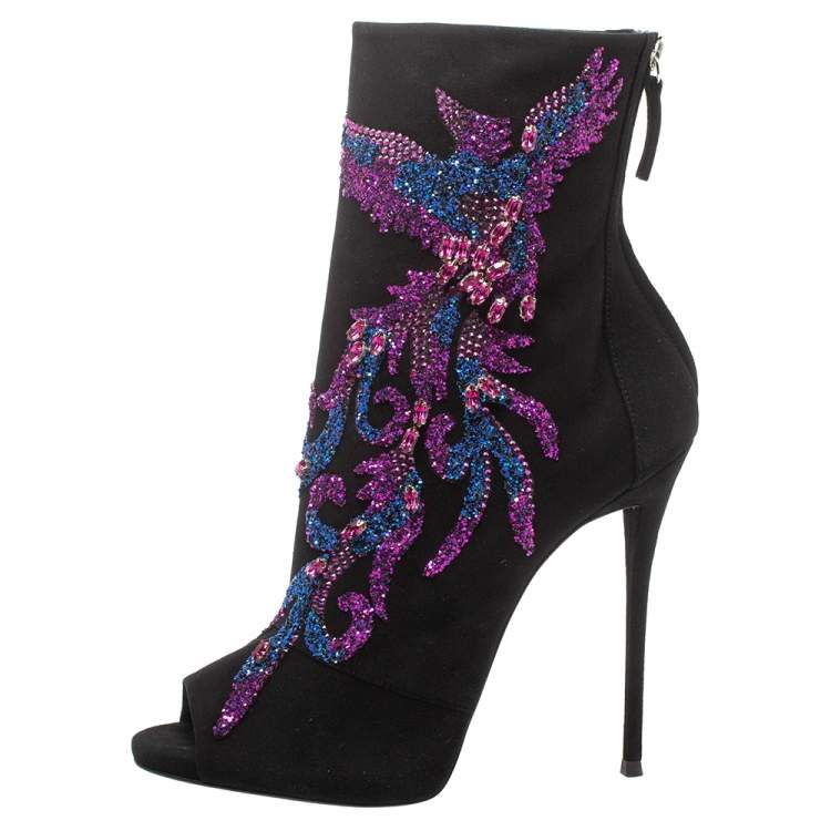 Pre Owned Giuseppe Zanotti Black Suede Phoenix Embroidered Mid Length Boots Size 40