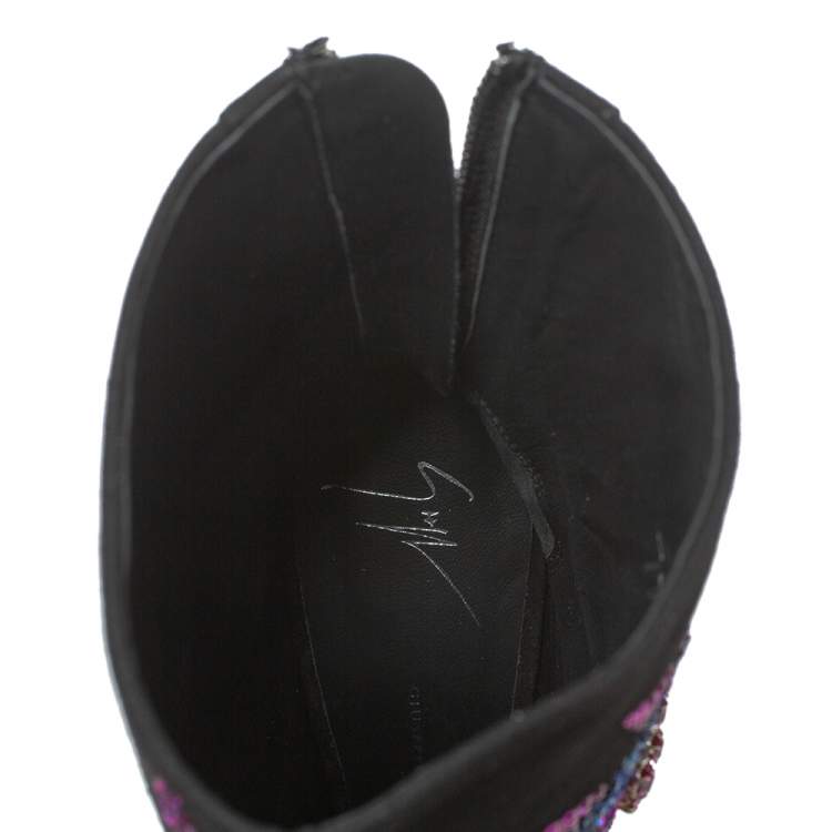 Pre Owned Giuseppe Zanotti Black Suede Phoenix Embroidered Mid Length Boots Size 40