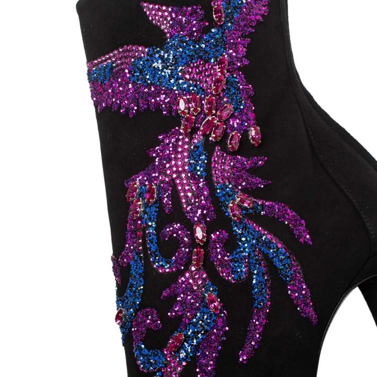 Pre Owned Giuseppe Zanotti Black Suede Phoenix Embroidered Mid Length Boots Size 40