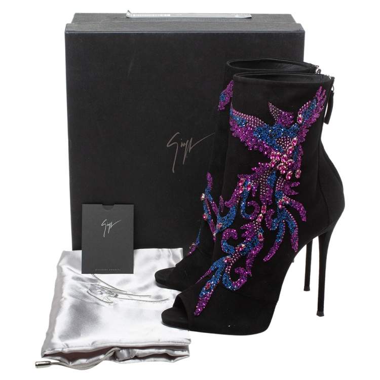 Pre Owned Giuseppe Zanotti Black Suede Phoenix Embroidered Mid Length Boots Size 40