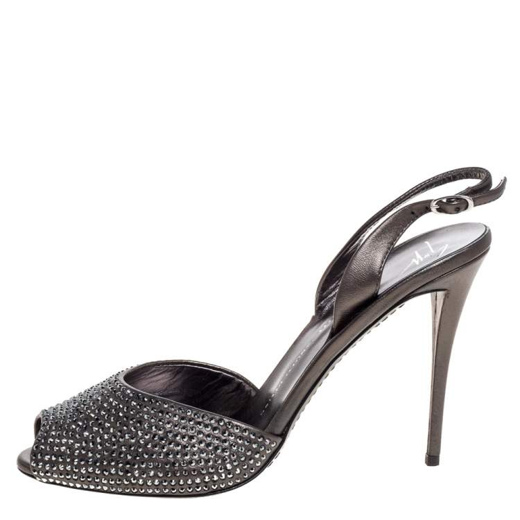 Pre Owned Giuseppe Zanotti Grey Leather Crystal Embellished Slingback Peep Toe Sandals Size 40
