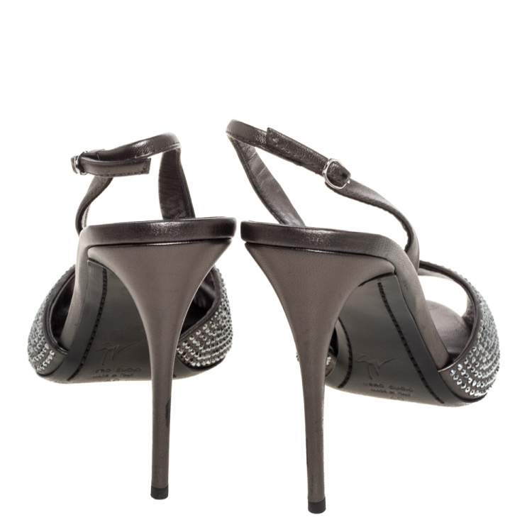 Pre Owned Giuseppe Zanotti Grey Leather Crystal Embellished Slingback Peep Toe Sandals Size 40