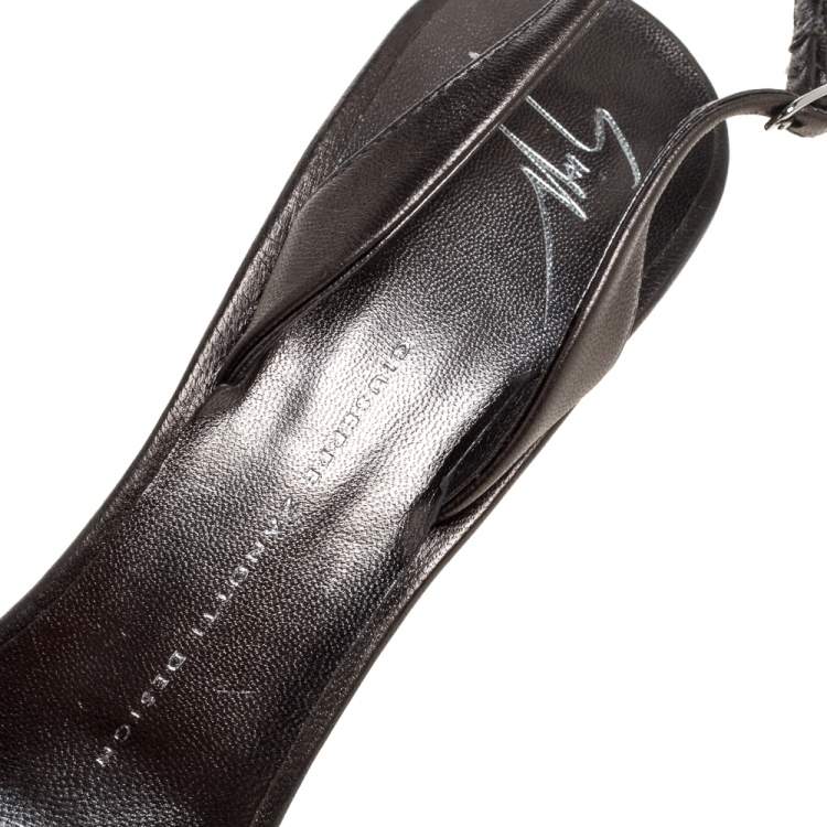 Pre Owned Giuseppe Zanotti Grey Leather Crystal Embellished Slingback Peep Toe Sandals Size 40