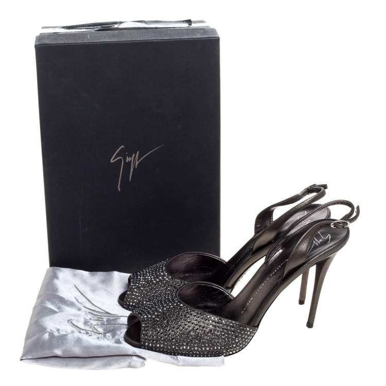 Pre Owned Giuseppe Zanotti Grey Leather Crystal Embellished Slingback Peep Toe Sandals Size 40