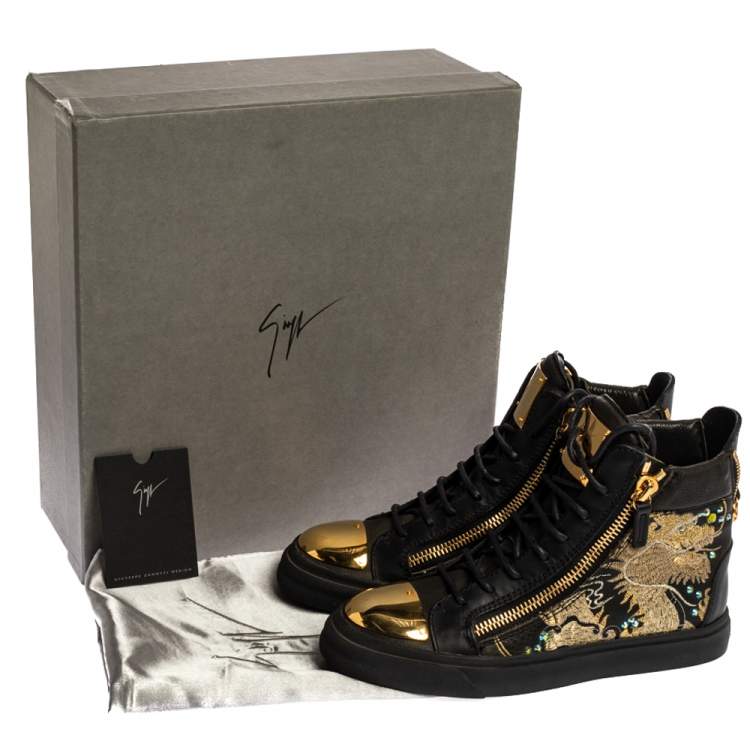 Pre Owned Giuseppe Zanotti Black Dragon Embroidered Leather Double Zip High Top Sneakers Size 37