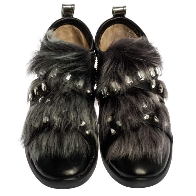 Pre Owned Giuseppe Zanotti Black Suede and Fur Christie Crystal Embellished Slip On Sneakers Size 39