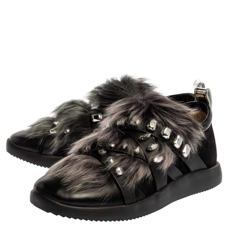 Pre Owned Giuseppe Zanotti Black Suede and Fur Christie Crystal Embellished Slip On Sneakers Size 39