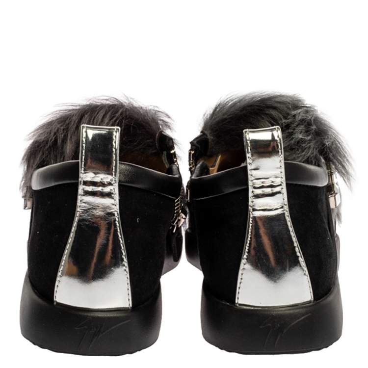 Pre Owned Giuseppe Zanotti Black Suede and Fur Christie Crystal Embellished Slip On Sneakers Size 39