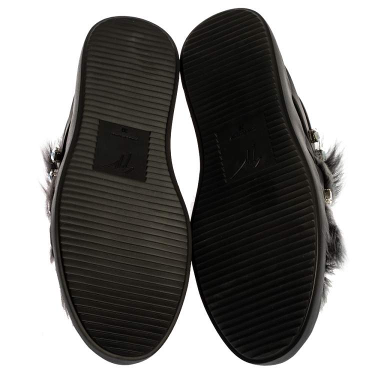 Pre Owned Giuseppe Zanotti Black Suede and Fur Christie Crystal Embellished Slip On Sneakers Size 39