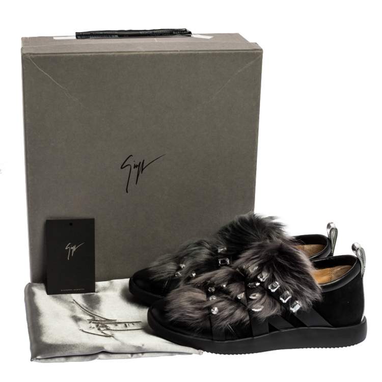 Pre Owned Giuseppe Zanotti Black Suede and Fur Christie Crystal Embellished Slip On Sneakers Size 39