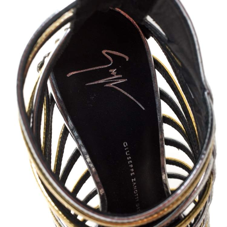 Pre Owned Giuseppe Zanotti Silver/Gold Leather Coline Gladiator Sandals Size 39