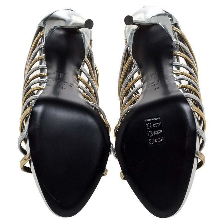 Pre Owned Giuseppe Zanotti Silver/Gold Leather Coline Gladiator Sandals Size 39