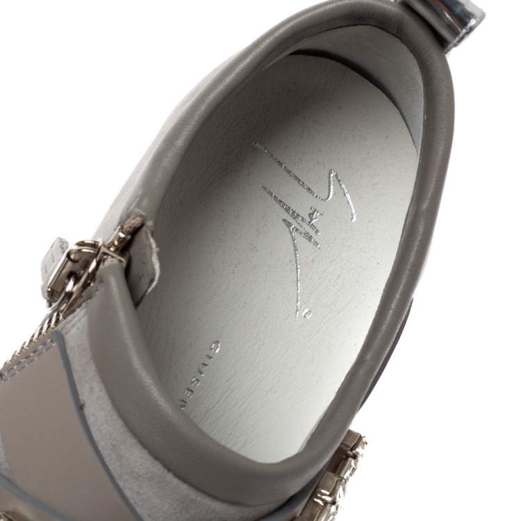 مملوكة مسبقًا Giuseppe Zanotti Grey Suede Leather Crystal Embellihsed Low Top Sneakers Size 37.5