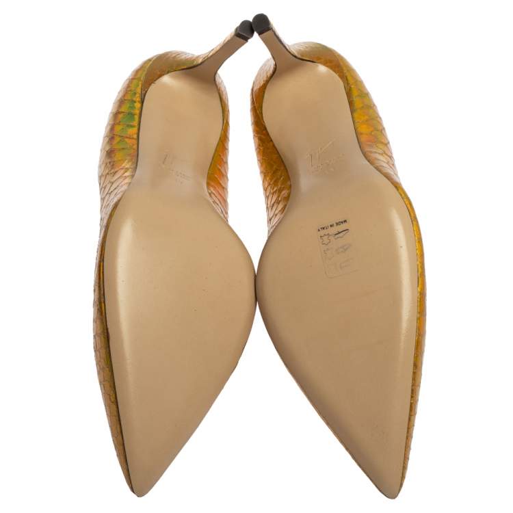 Pre Owned Giuseppe Zanotti Metallic Gold Python Embossed Leather Pointed Toe Pumps Size 39