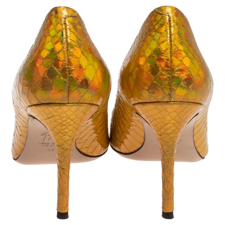 Pre Owned Giuseppe Zanotti Metallic Gold Python Embossed Leather Pointed Toe Pumps Size 39