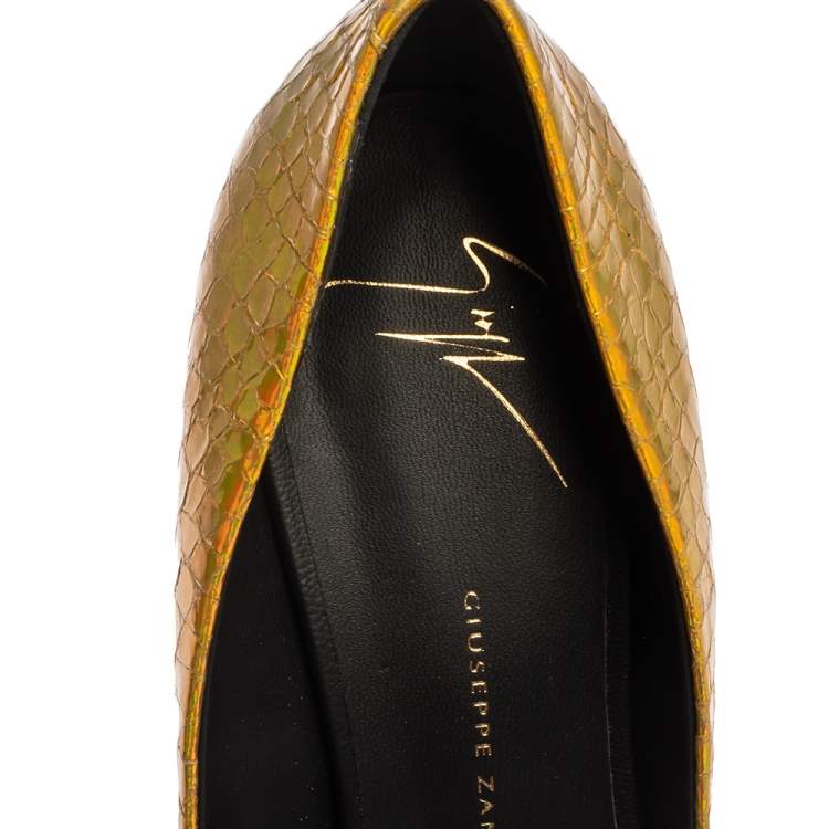 Pre Owned Giuseppe Zanotti Metallic Gold Python Embossed Leather Pointed Toe Pumps Size 39