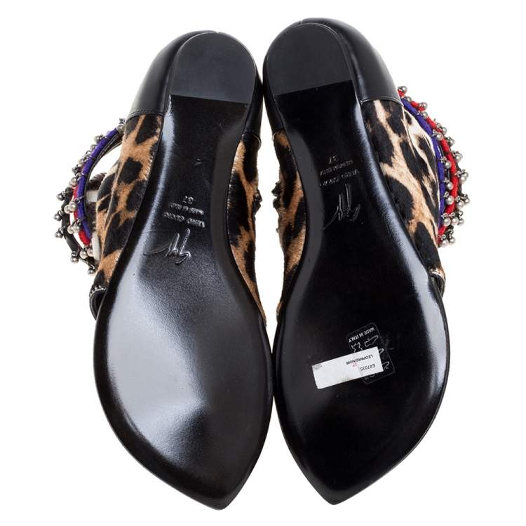 Pre Owned Giuseppe Zanotti Brown Animal Print Charm Flat Sandals Size 37