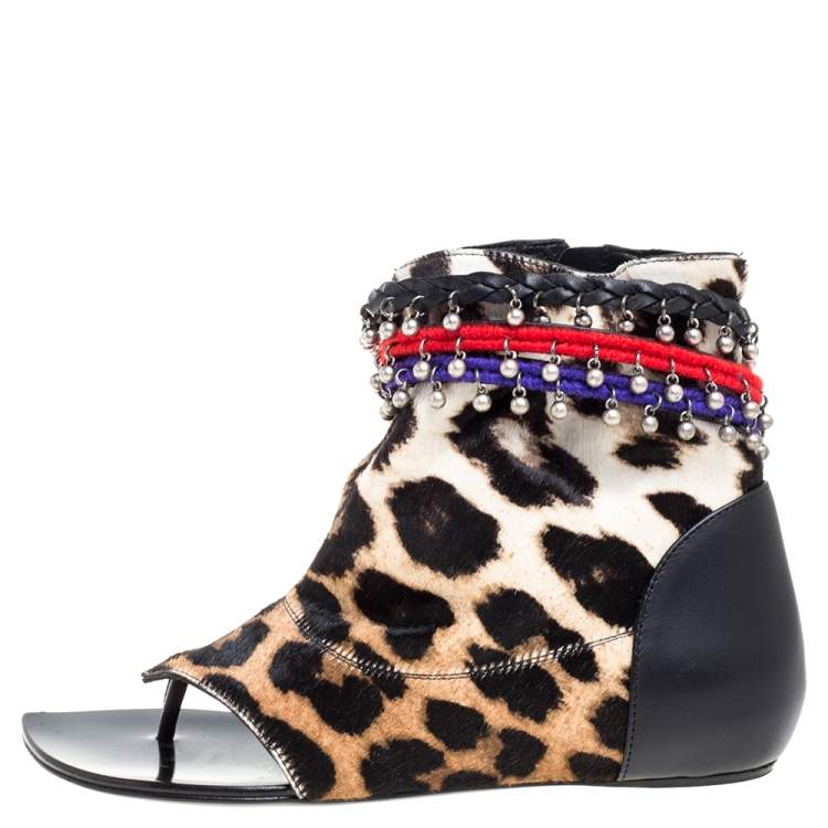 Pre Owned Giuseppe Zanotti Brown Animal Print Charm Flat Sandals Size 37