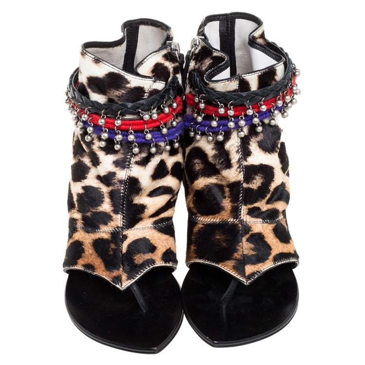 Pre Owned Giuseppe Zanotti Brown Animal Print Charm Flat Sandals Size 37