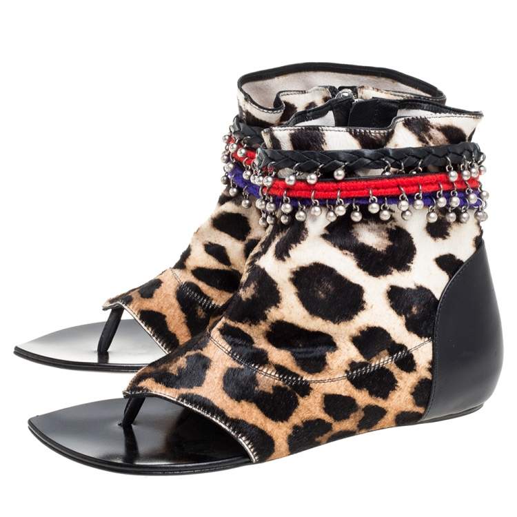 Pre Owned Giuseppe Zanotti Brown Animal Print Charm Flat Sandals Size 37