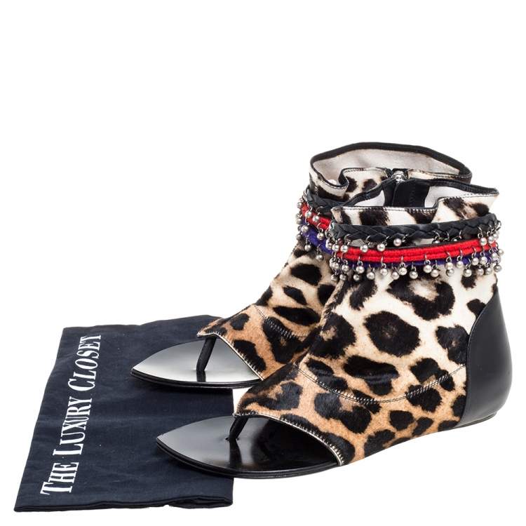 Pre Owned Giuseppe Zanotti Brown Animal Print Charm Flat Sandals Size 37