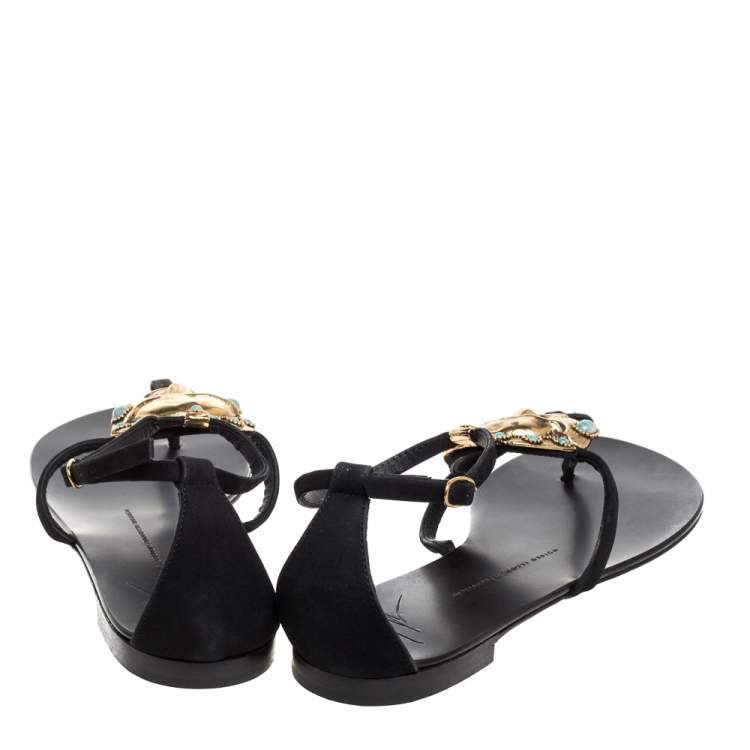 Pre Owned Giuseppe Zanotti Black Leather Embellished Strappy Flat Sandals Size 40