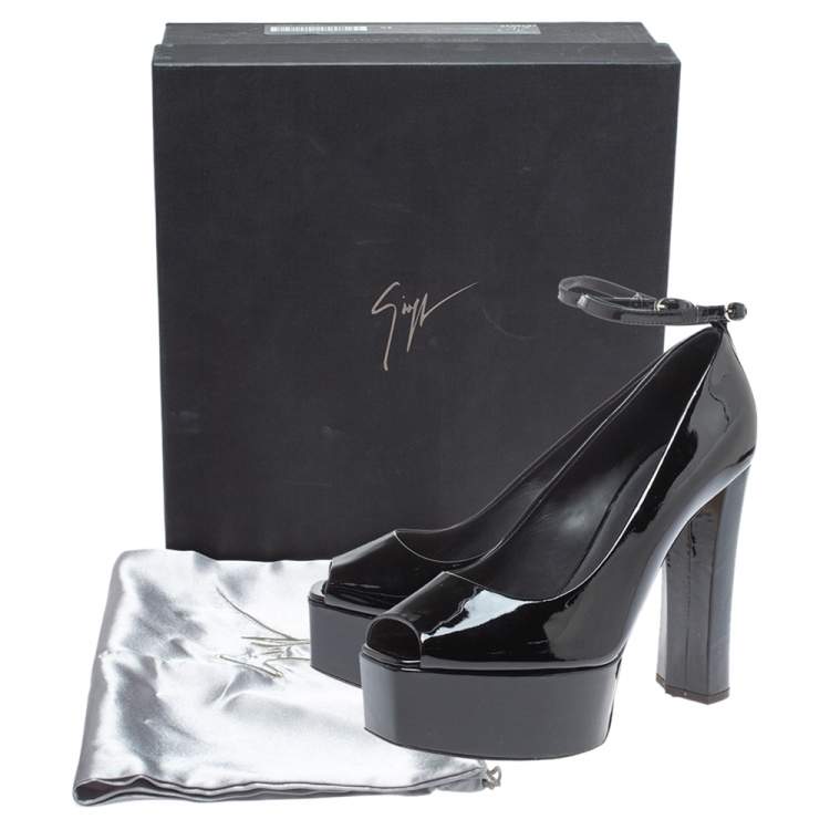 Pre Owned Giuseppe Zanotti Black Patent Leather Platform Peep Toe Ankle Cuff Pumps Size 40