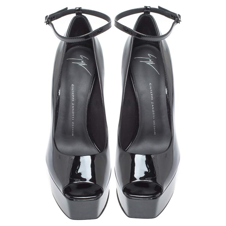 Pre Owned Giuseppe Zanotti Black Patent Leather Platform Peep Toe Ankle Cuff Pumps Size 40