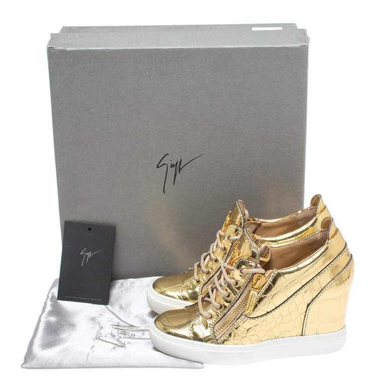 Pre Owned Giuseppe Zanotti Gold Croc Embossed Leather Double Zip Wedge Sneakers Size 37
