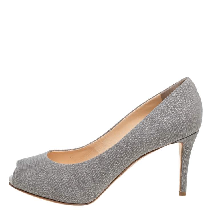 Pre Owned Giuseppe Zanotti Grey Glitter Fabric Platform Peep Toe Pumps Size 40