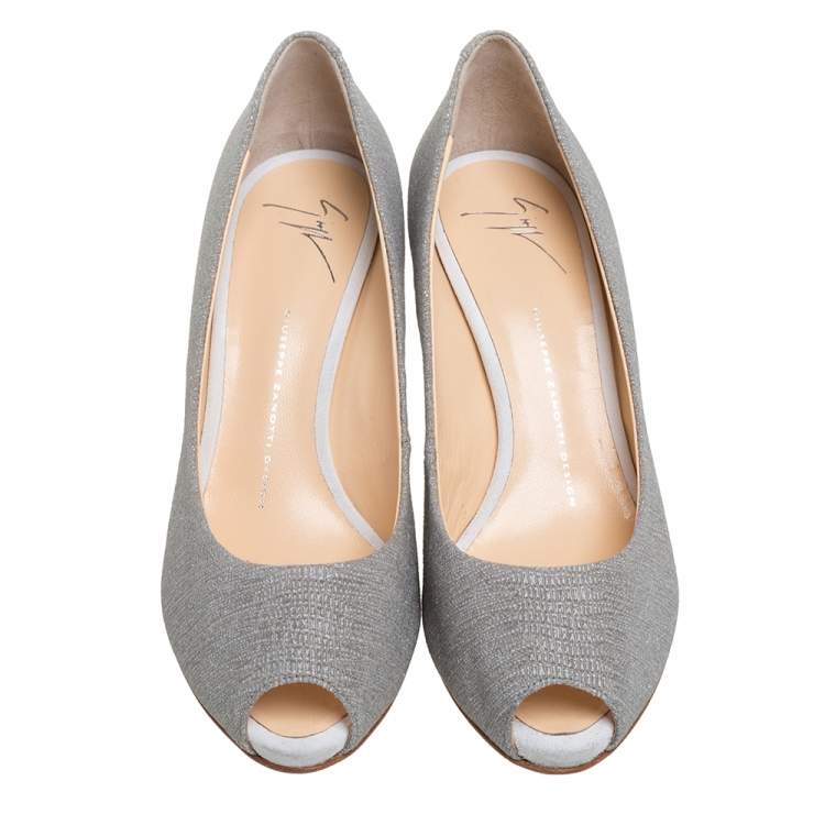 Pre Owned Giuseppe Zanotti Grey Glitter Fabric Platform Peep Toe Pumps Size 40