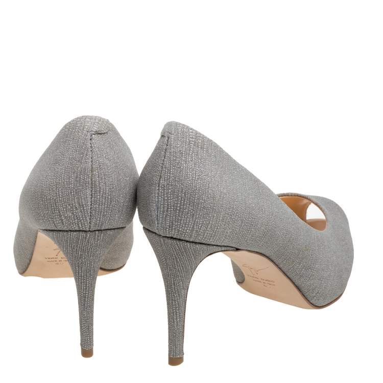 Pre Owned Giuseppe Zanotti Grey Glitter Fabric Platform Peep Toe Pumps Size 40