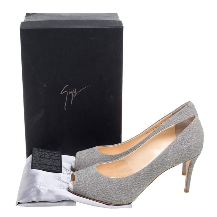 Pre Owned Giuseppe Zanotti Grey Glitter Fabric Platform Peep Toe Pumps Size 40
