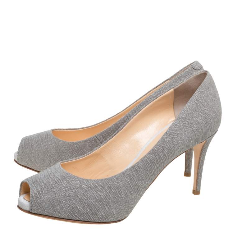 Pre Owned Giuseppe Zanotti Grey Glitter Fabric Platform Peep Toe Pumps Size 40