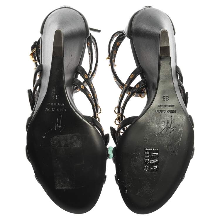 مملوكة مسبقًا Giuseppe Zanotti Black Leather Eyelet Ankle Strap Wedge Sandals Size 36