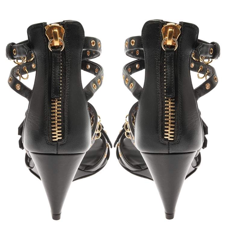 مملوكة مسبقًا Giuseppe Zanotti Black Leather Eyelet Ankle Strap Wedge Sandals Size 36