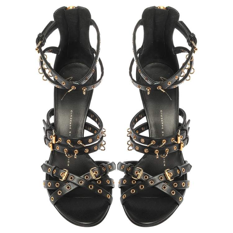 مملوكة مسبقًا Giuseppe Zanotti Black Leather Eyelet Ankle Strap Wedge Sandals Size 36