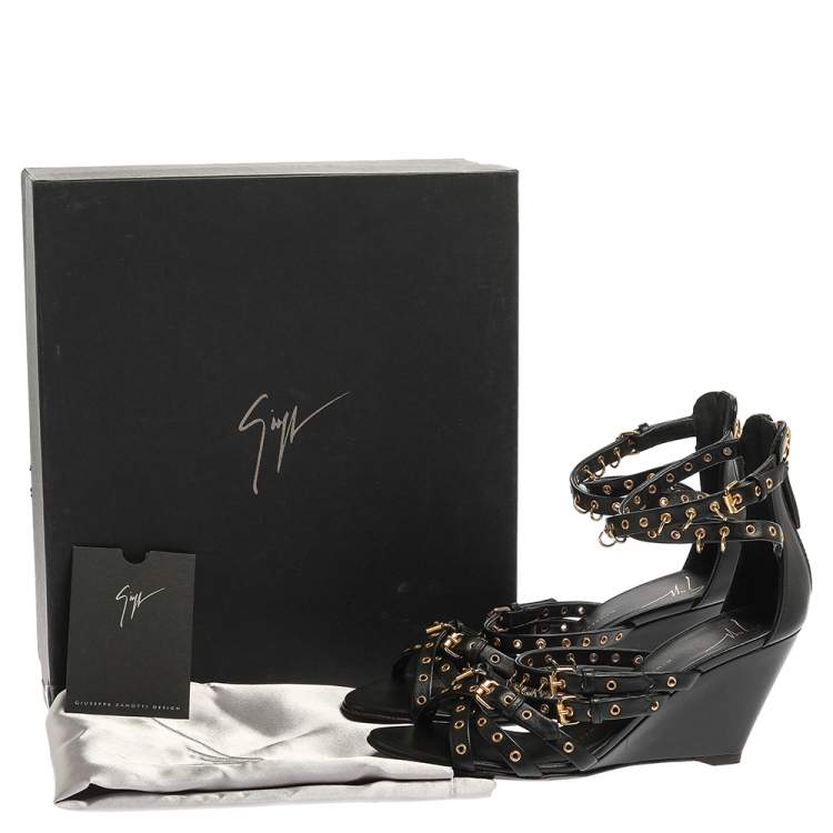 مملوكة مسبقًا Giuseppe Zanotti Black Leather Eyelet Ankle Strap Wedge Sandals Size 36