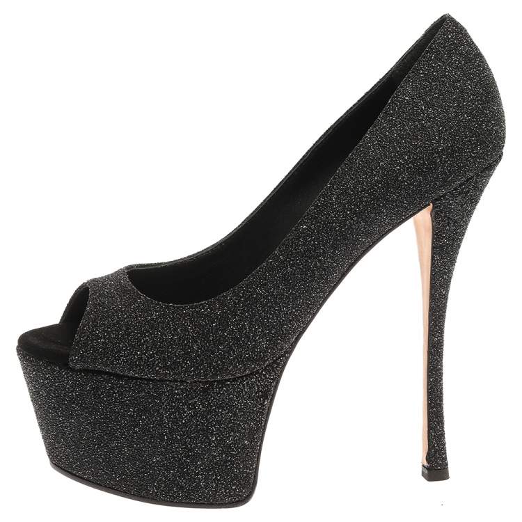 Pre Owned Giuseppe Zanotti Black Glittered Suede Open Toe Platform Pumps Size 39