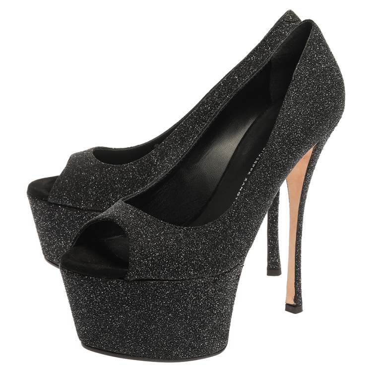 Pre Owned Giuseppe Zanotti Black Glittered Suede Open Toe Platform Pumps Size 39