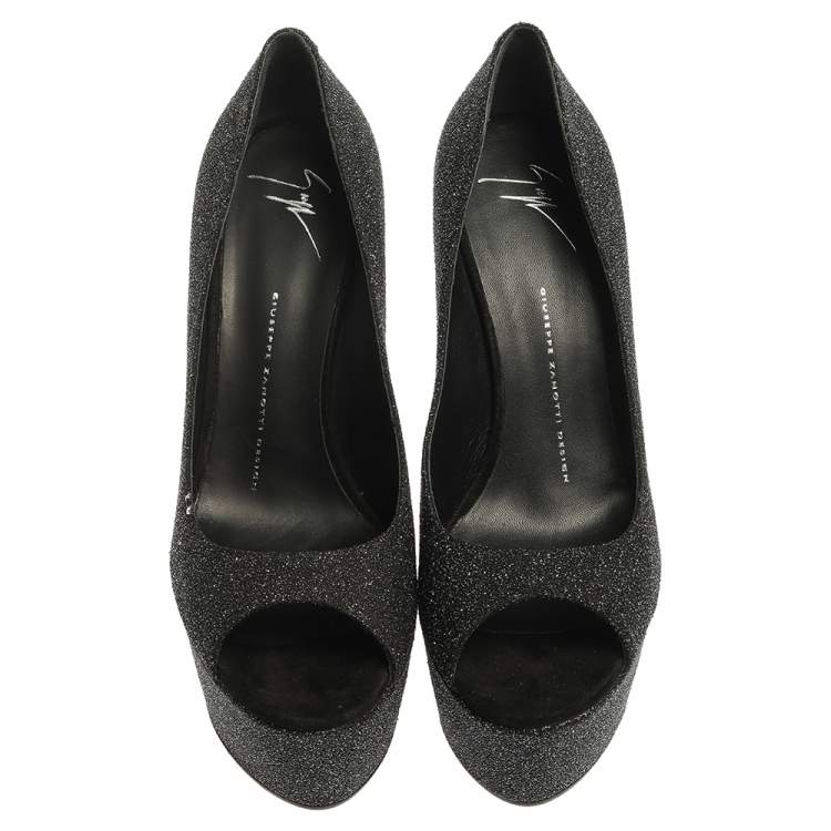 Pre Owned Giuseppe Zanotti Black Glittered Suede Open Toe Platform Pumps Size 39