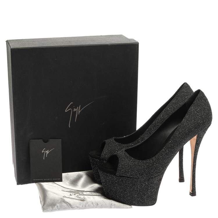 Pre Owned Giuseppe Zanotti Black Glittered Suede Open Toe Platform Pumps Size 39